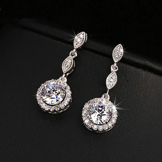 Vintage Silver Sparkling Round Crystal & Leaf Design Earrings
