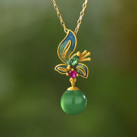 Vintage Gold Butterfly Bloom Crystal Pendant Necklace