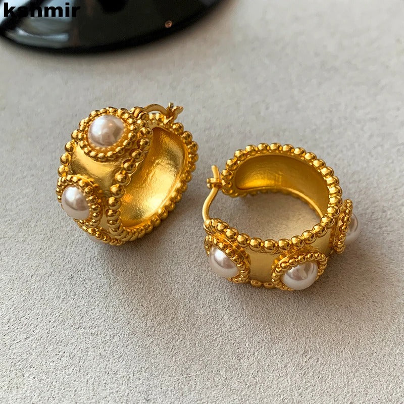 Gold Hoop Pearl Beaded Vintage Earrings
