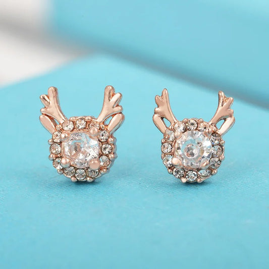 Vintage Rose Gold Reindeer Crystal Halo Stud Earrings