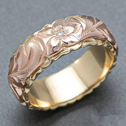 Vintage Rose Gold Flower Engraved Ring