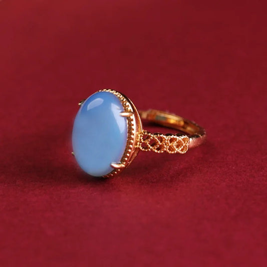 Vintage Gold Light Blue Oval Gemstone Adjustable Ring