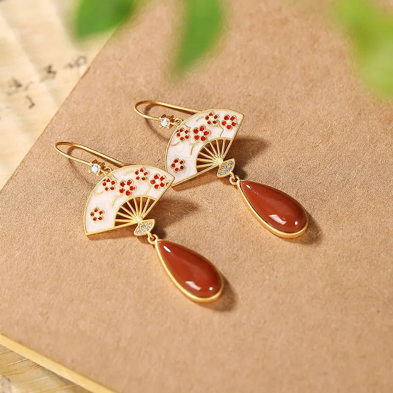 Vintage Gold & Red Floral Fan Drop Earrings