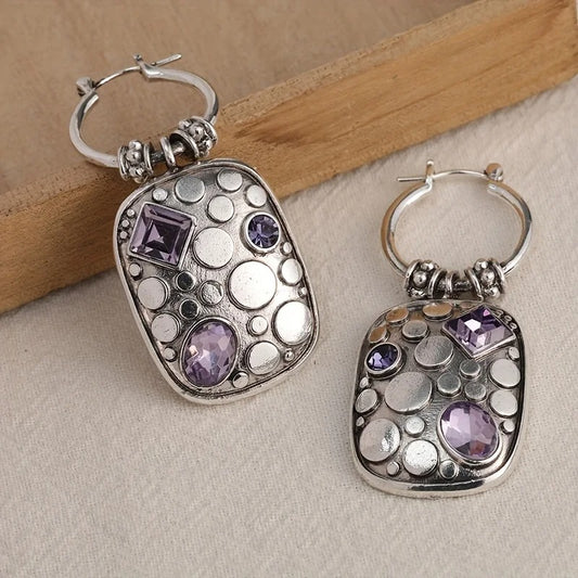 Vintage Silver Amethyst Hoop Earrings