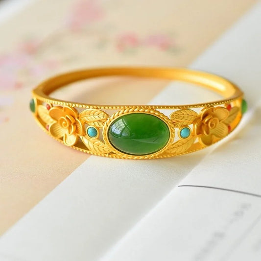 Timeless Gold Green Stone & Floral Bangle Bracelet
