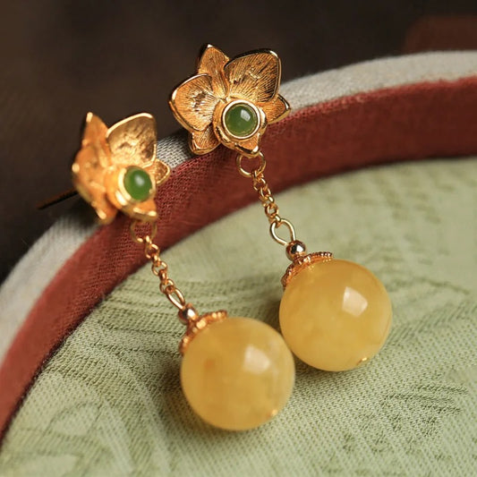 Vintage Gold Yellow Ball Gemstones & Green Floral Earrings