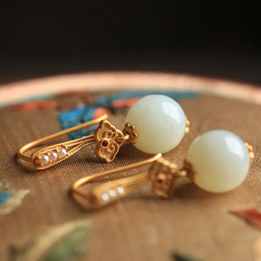 Vintage Gold White Inlaid Pearl Floral Design Earrings