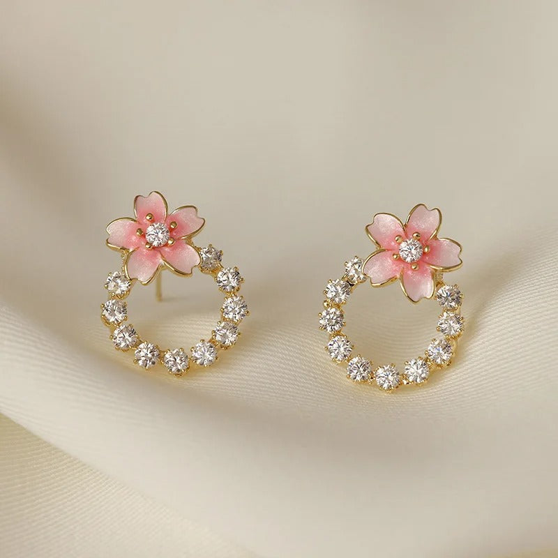 Gold Pink Flower Stud Earrings