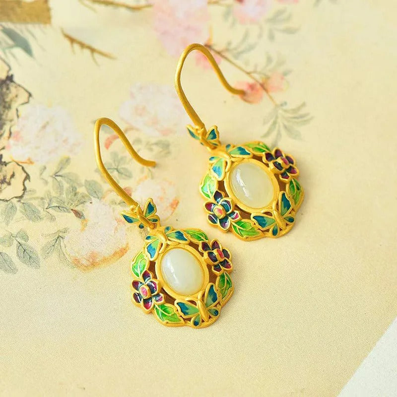 Vintage Gold & Green Floral White Gemstone Drop Earrings