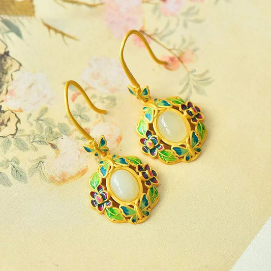 Vintage Gold & Green Floral White Gemstone Drop Earrings