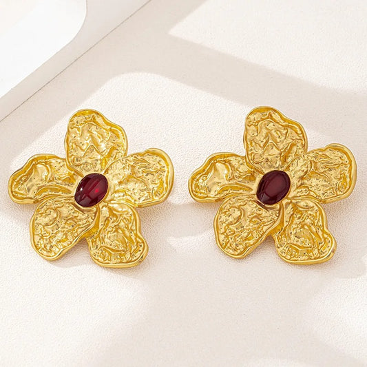 Classic Gold Flower Oval Red Stone Earrings