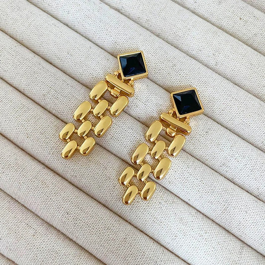 Vintage Gold Long Tassel Black Crystal Stud Earrings