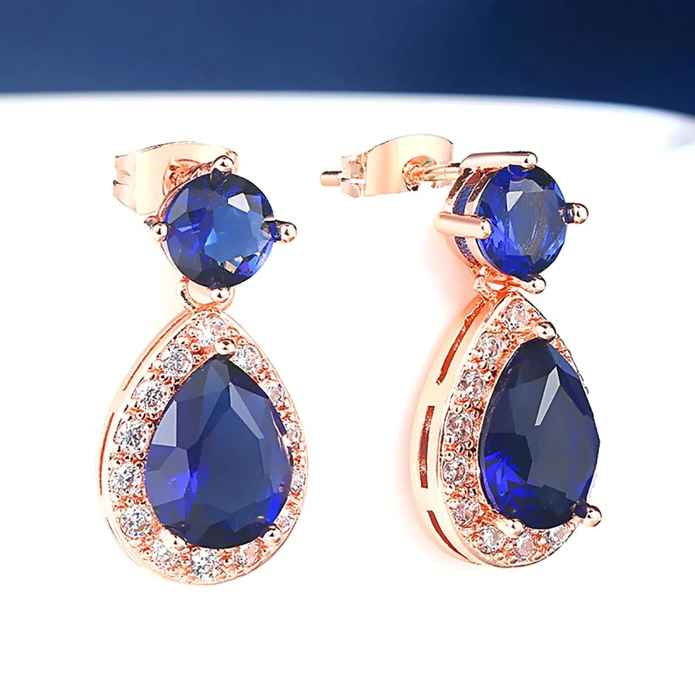 Rose Gold Blue & White Gemstone Drop Earrings
