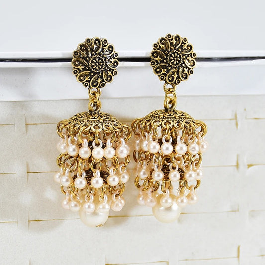 Handmade Gold Pearl Bead Tassel Earrings