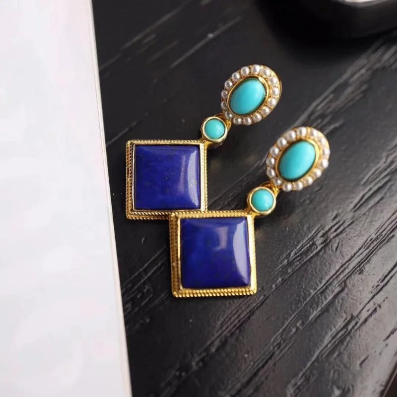 Retro Gold & Lapis Square Blue Gemstone Dangle Earrings