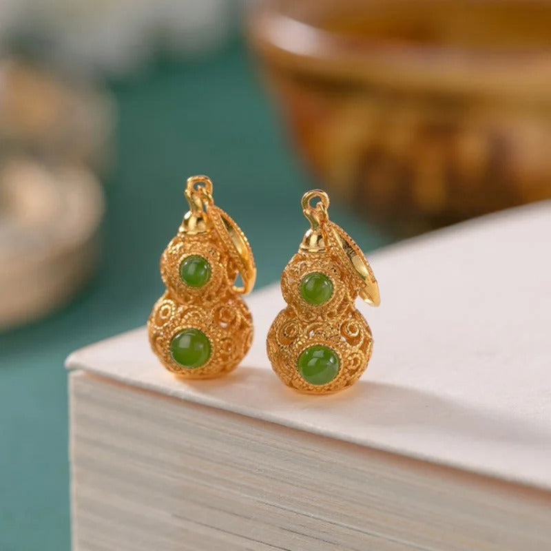 Vintage Gold & Green Gemstone Gourd Drop Earrings