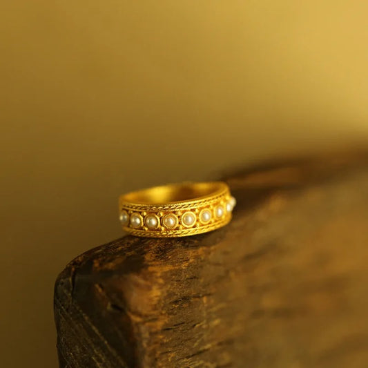 Vintage Gold Pearl-Accented Band Adjustable Ring