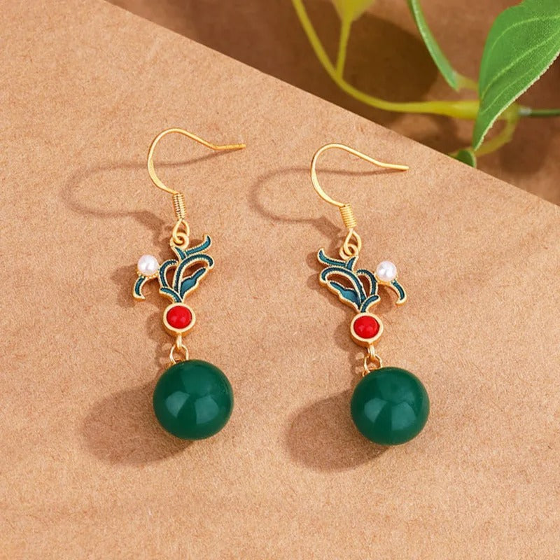 Retro Gold & Green Pearl Red Bead Drop Earrings
