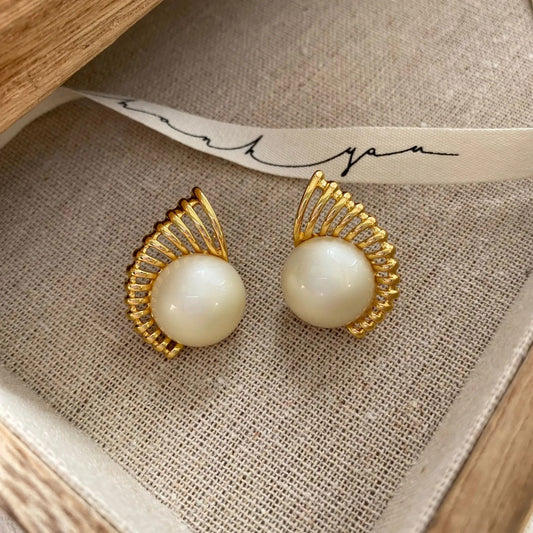 Gold Radiant White Round Pearl Earrings