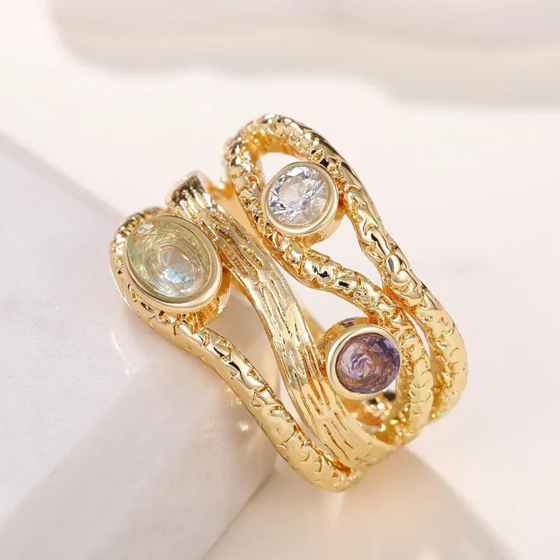 Gold Triple-Gemstone Design Ring