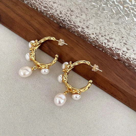 Antique Style Gold Hoop Freshwater Pearl Charm Earrings | Sustainable Ocean-Inspired Jewelry