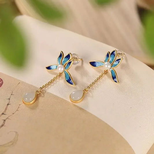 Vintage Gold & Blue Flower Pearl Jade Drop Earrings