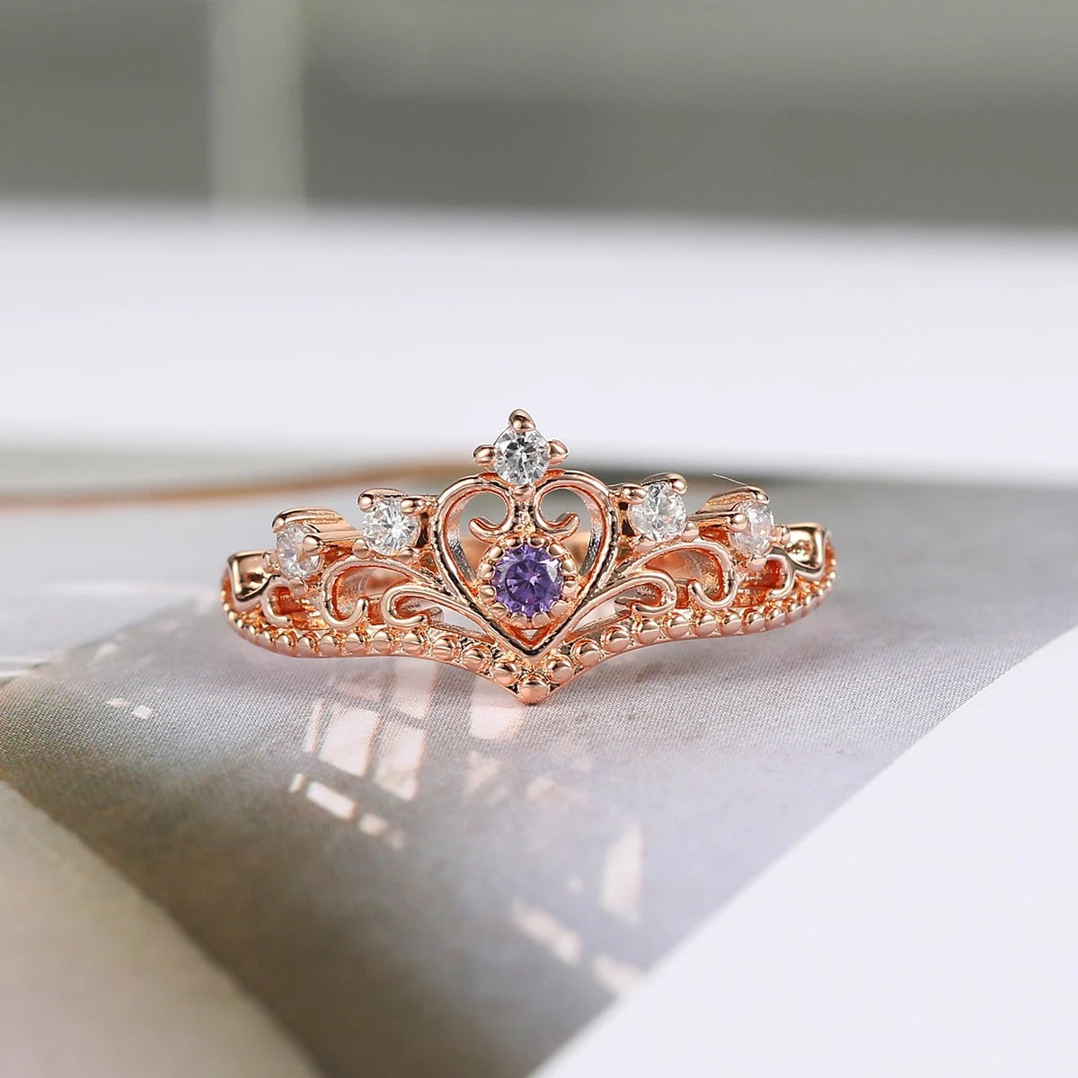 Princess Crown Rose Gold & Purple Crystal Ring