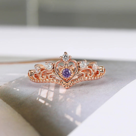 Princess Crown Rose Gold & Purple Crystal Ring