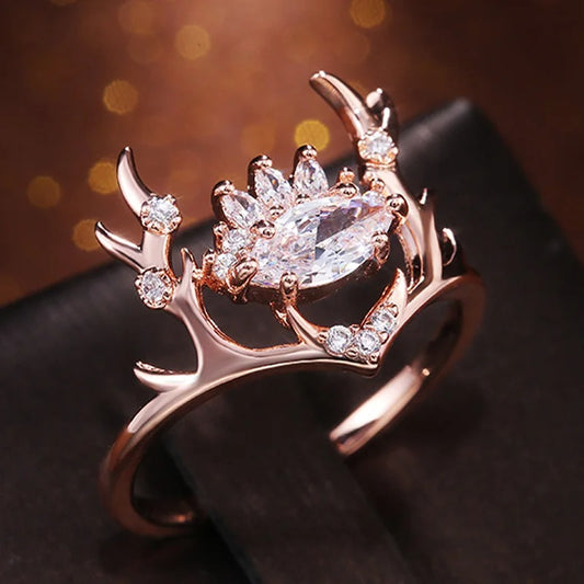 Rose Gold Antler Crown Marquise Ring