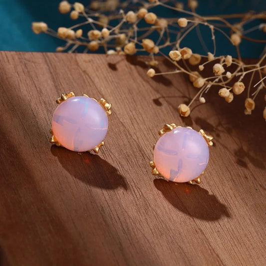Classic Gold Pink Opal Stone & Delicate Floral Design Earrings