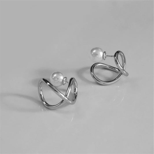 Classic Pearl Twisted Hoop Silver Band Earrings