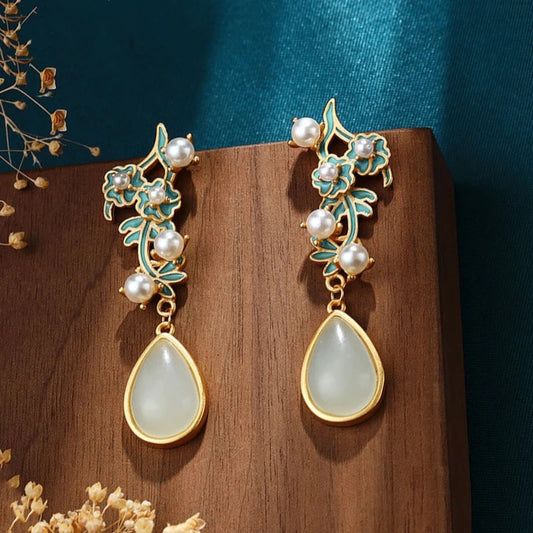 Gold & Green Floral Inlaid Pearl Jade Water Drop Earrings | Sustainable Ocean-Inspired Jewelry
