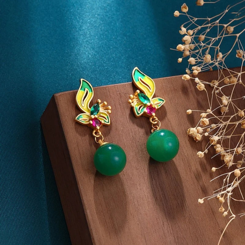 Classic Gold Green Bead & Floral Enamel Dangle Earrings