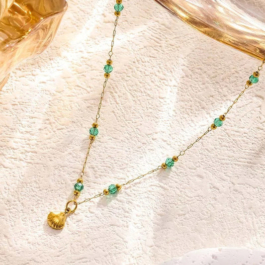 Gold Green Crystal & Sea Shell Charm Necklace | Sustainable Ocean-Inspired Jewelry
