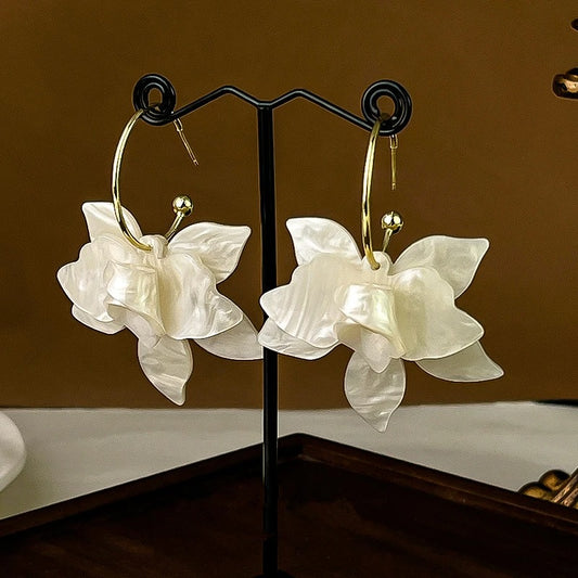 White Flower Hoop Gold Earrings