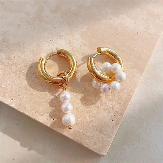 Gold Asymmetric Natural Freshwater Pearl Hanging Earrings | Sustainable Ocean-Inspired Jewelry
