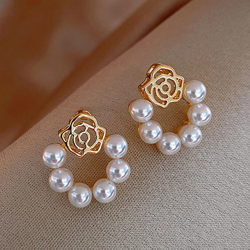 Vintage Gold & Pearl Rose Earrings