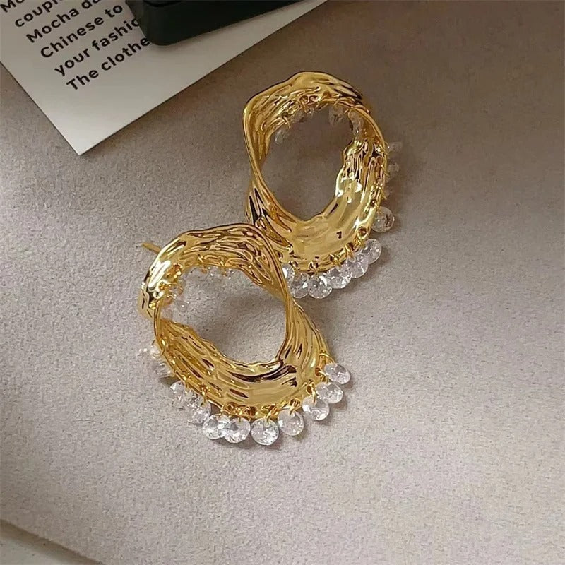 Classic Gold Crystal Drop & Sculpted Wave Earrings | Sustainable Ocean-Inspired Jewelry
