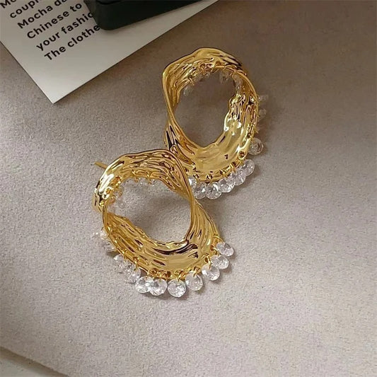Classic Gold Crystal Drop & Sculpted Wave Earrings | Sustainable Ocean-Inspired Jewelry