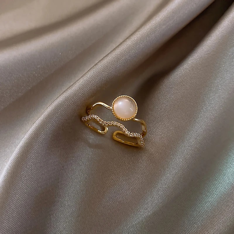 Vintage White Pearl & Gold Wave Adjustable Ring | Sustainable Ocean-Inspired Jewelry