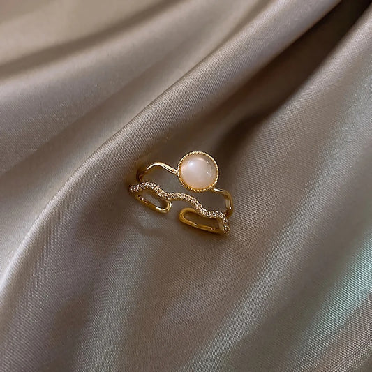 Vintage White Pearl & Gold Wave Adjustable Ring | Sustainable Ocean-Inspired Jewelry