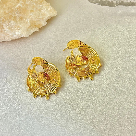 Vintage Gold Wave Round Double Hoop Stud Earrings | Sustainable Ocean-Inspired Jewelry