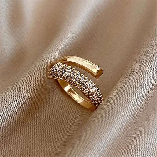 Gold Pave Crossover Sparkling Crystal Adjustable Ring