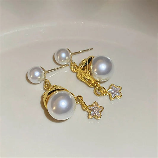 Antique Style Pearl & Sparkling Star Charm Gold Earrings
