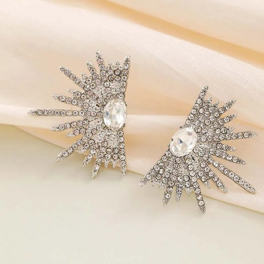 Silver Crystal Oval Stone Starburst Earrings