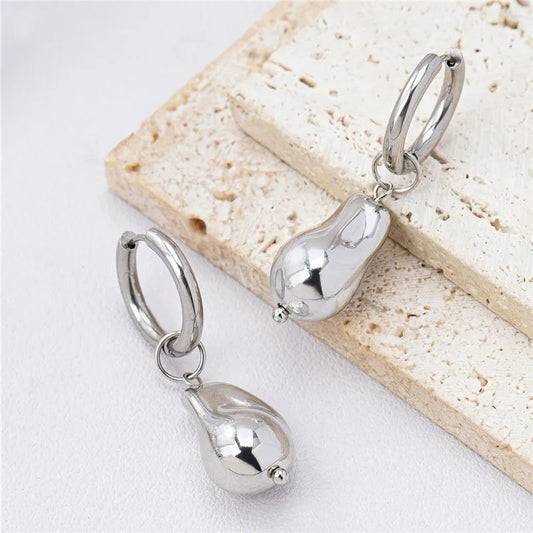 Retro Silver Smooth Pear Drop Accent Hoop Earrings