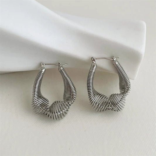 Vintage Silver Spiral Artistic Curve Hoop Earrings