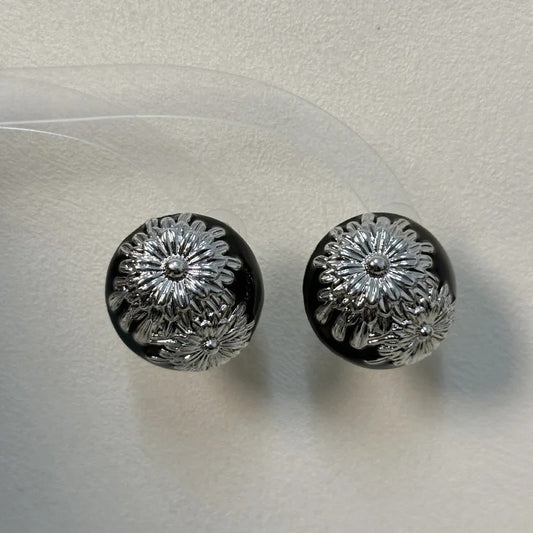 Classic Black Vintage Silver Flower Design Earrings