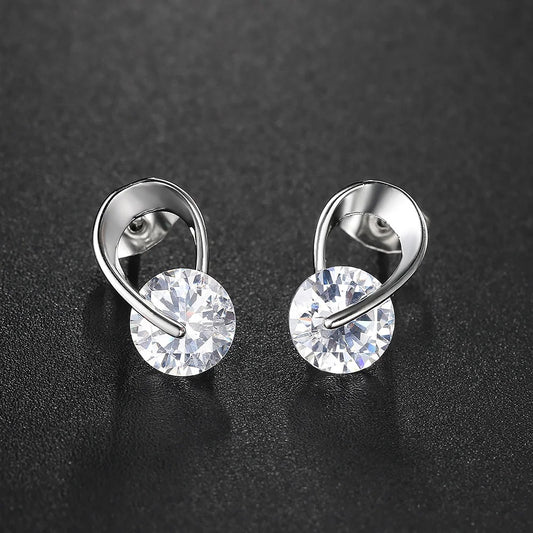 Classic Silver Sparkling Clear Gemstone Curved Earrings