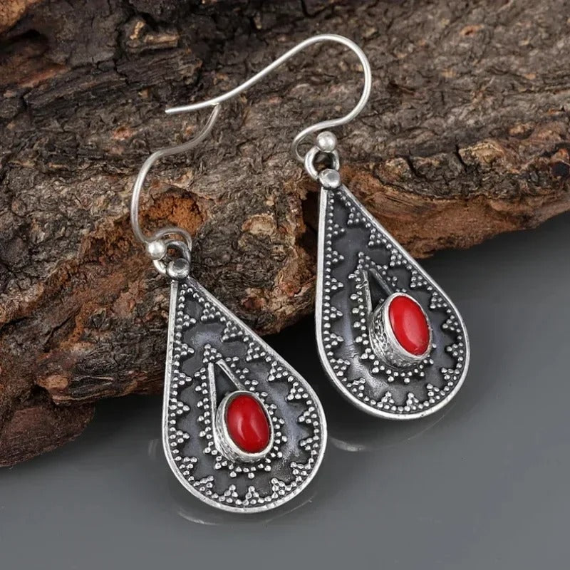 Vintage Silver & Red Gem Dangle Earrings
